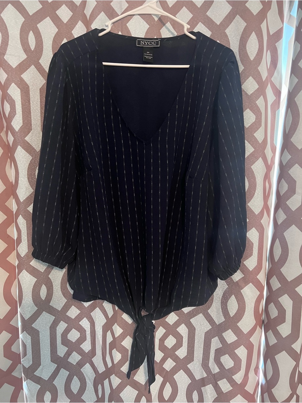 New York & Company Navy Pinstripe Tie-Front Top